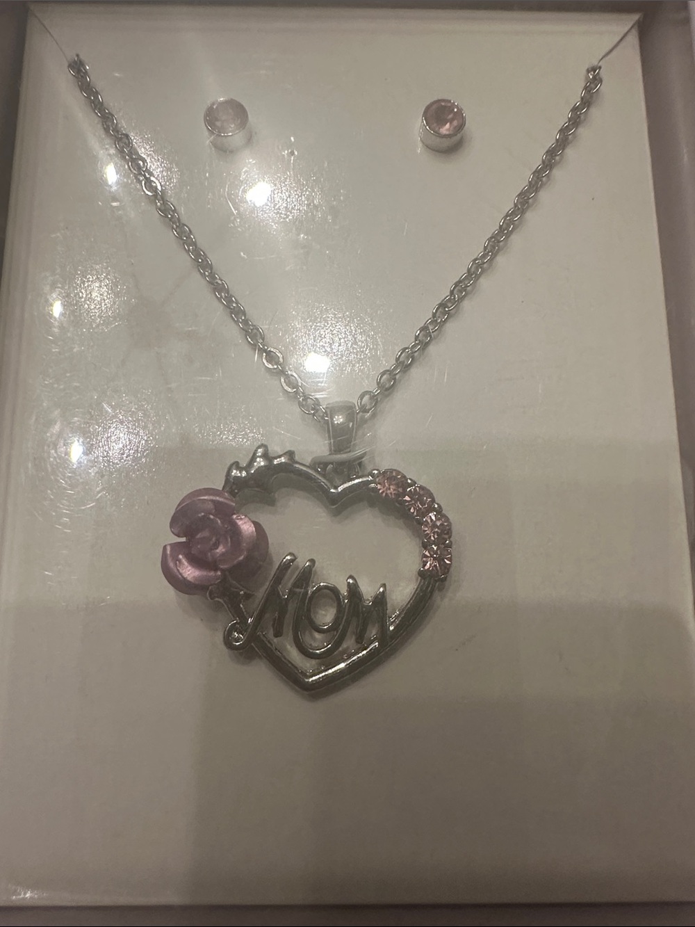 Silver 'Mom' Heart Necklace with lavender  Rose Accent
